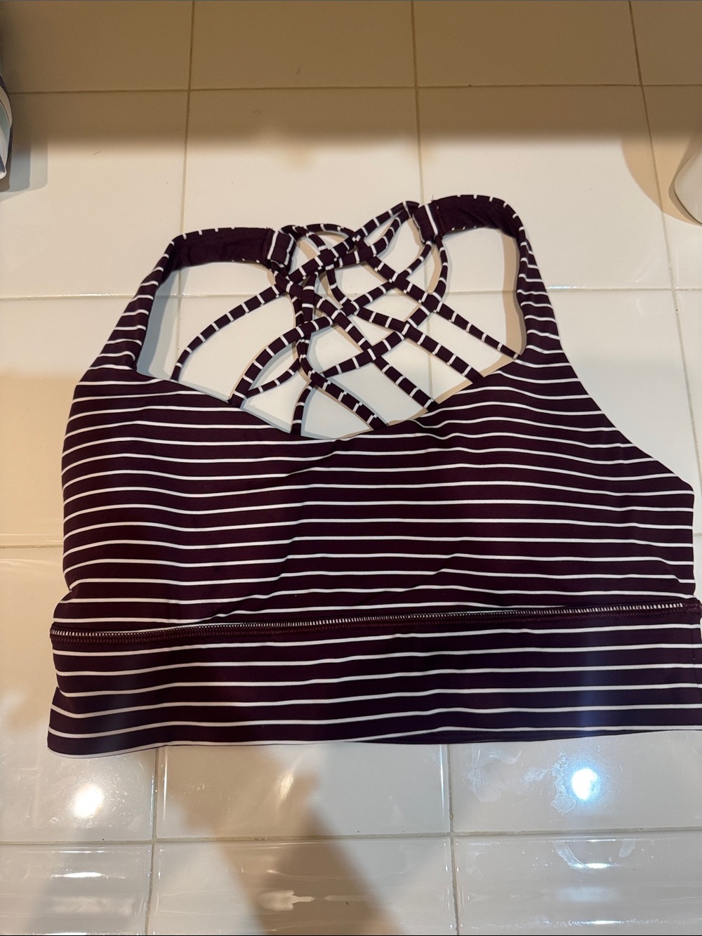 lululemon athletica Striped Crisscross Back Sports Bra - Dark Plum & White